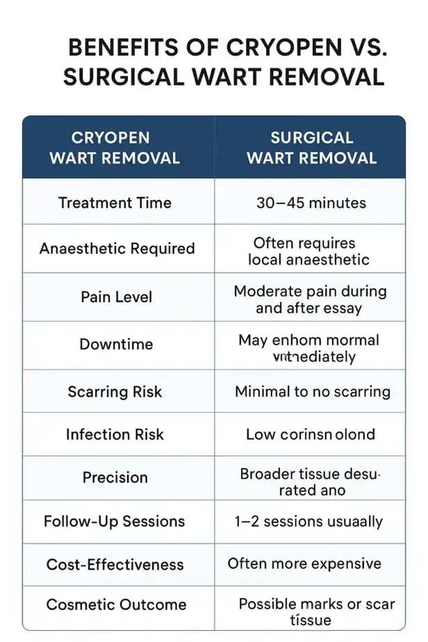 Table showing the benefits of cryopen to remove warts Willenhall compared to surgical treatment